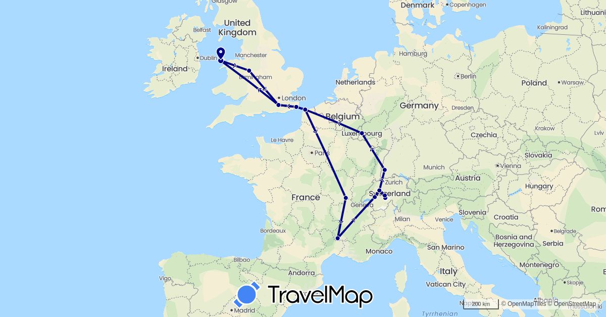 TravelMap itinerary: driving in Switzerland, Germany, France, United Kingdom, Luxembourg (Europe)